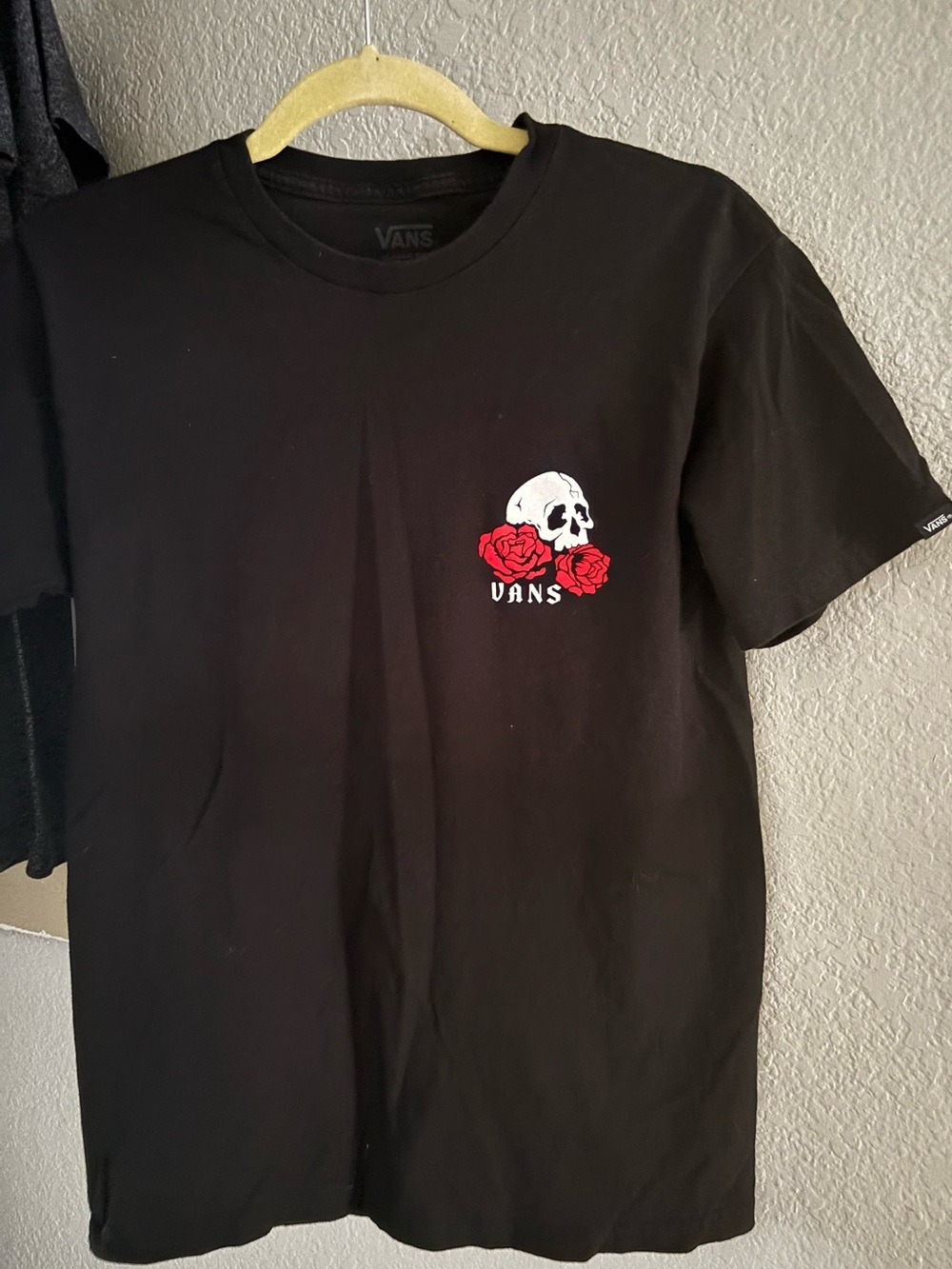 Vans Black Tee with White Skull and Red Roses Graphic